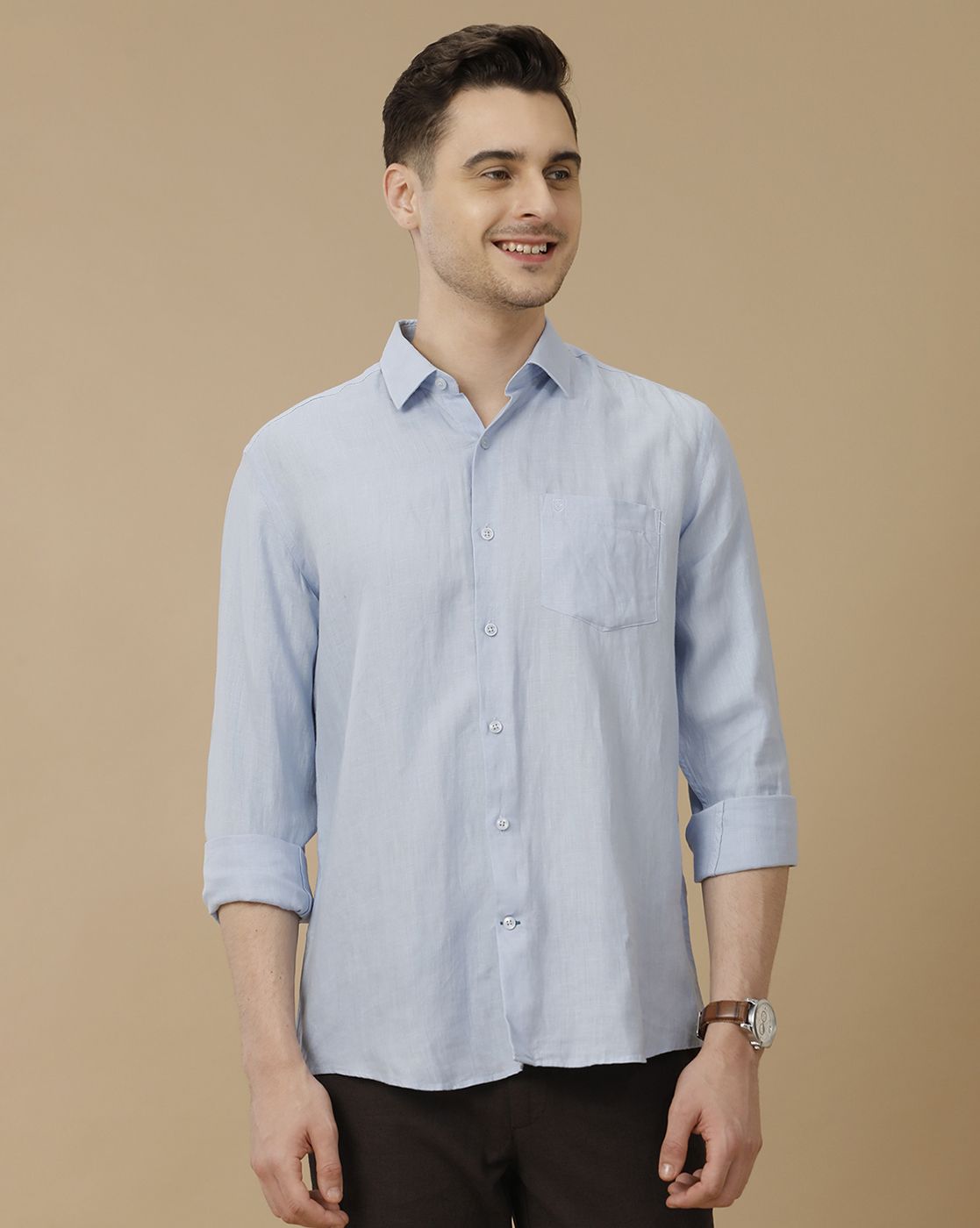Men's Pure Linen Blue Solid Contemporary Fit Full Sleeve Casual Shirt