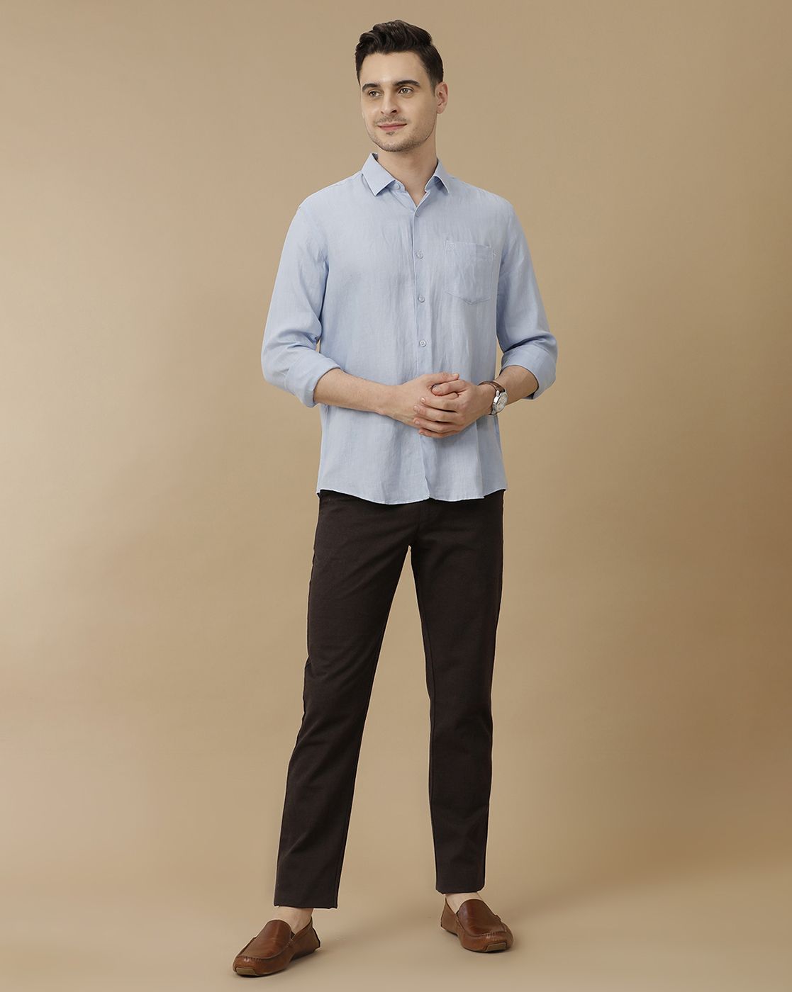 Men's Pure Linen Blue Solid Contemporary Fit Full Sleeve Casual Shirt