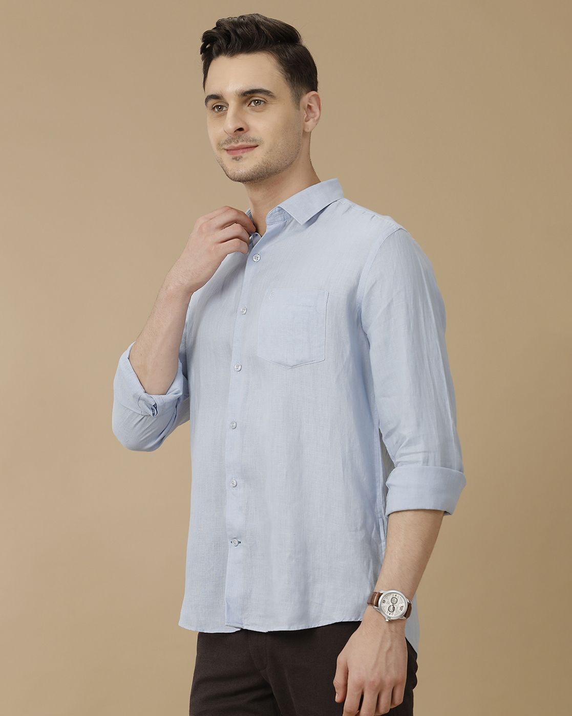 Men's Pure Linen Blue Solid Contemporary Fit Full Sleeve Casual Shirt