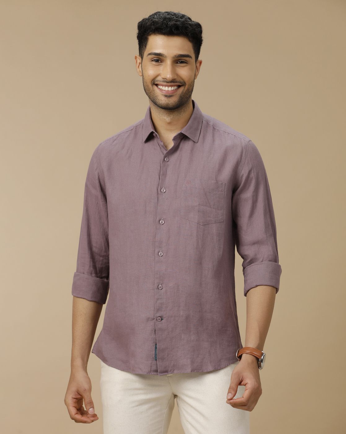 Men's Pure Linen Purple Solid Contemporary Fit Full Sleeve Casual Shirt