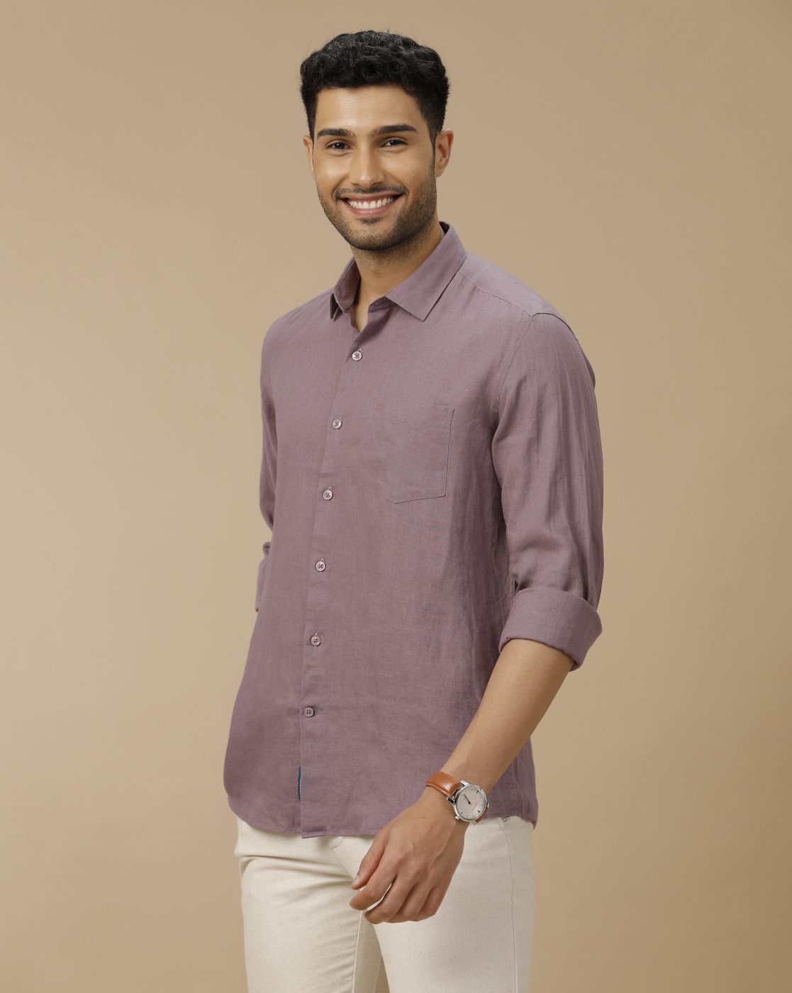 Men's Pure Linen Purple Solid Contemporary Fit Full Sleeve Casual Shirt