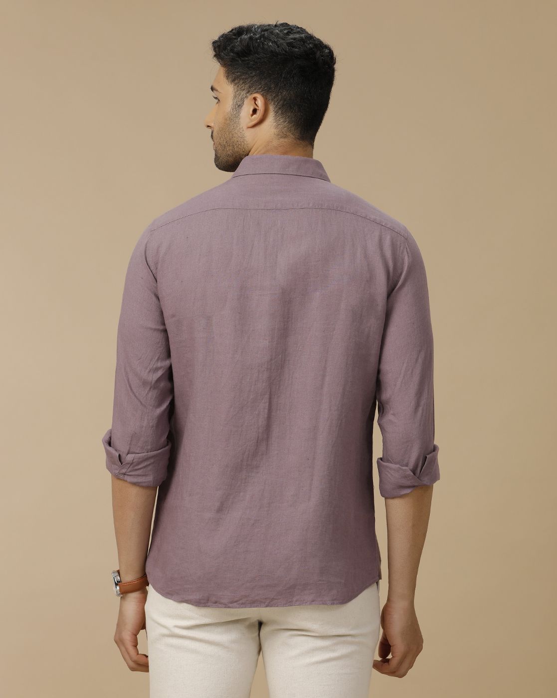 Men's Pure Linen Purple Solid Contemporary Fit Full Sleeve Casual Shirt