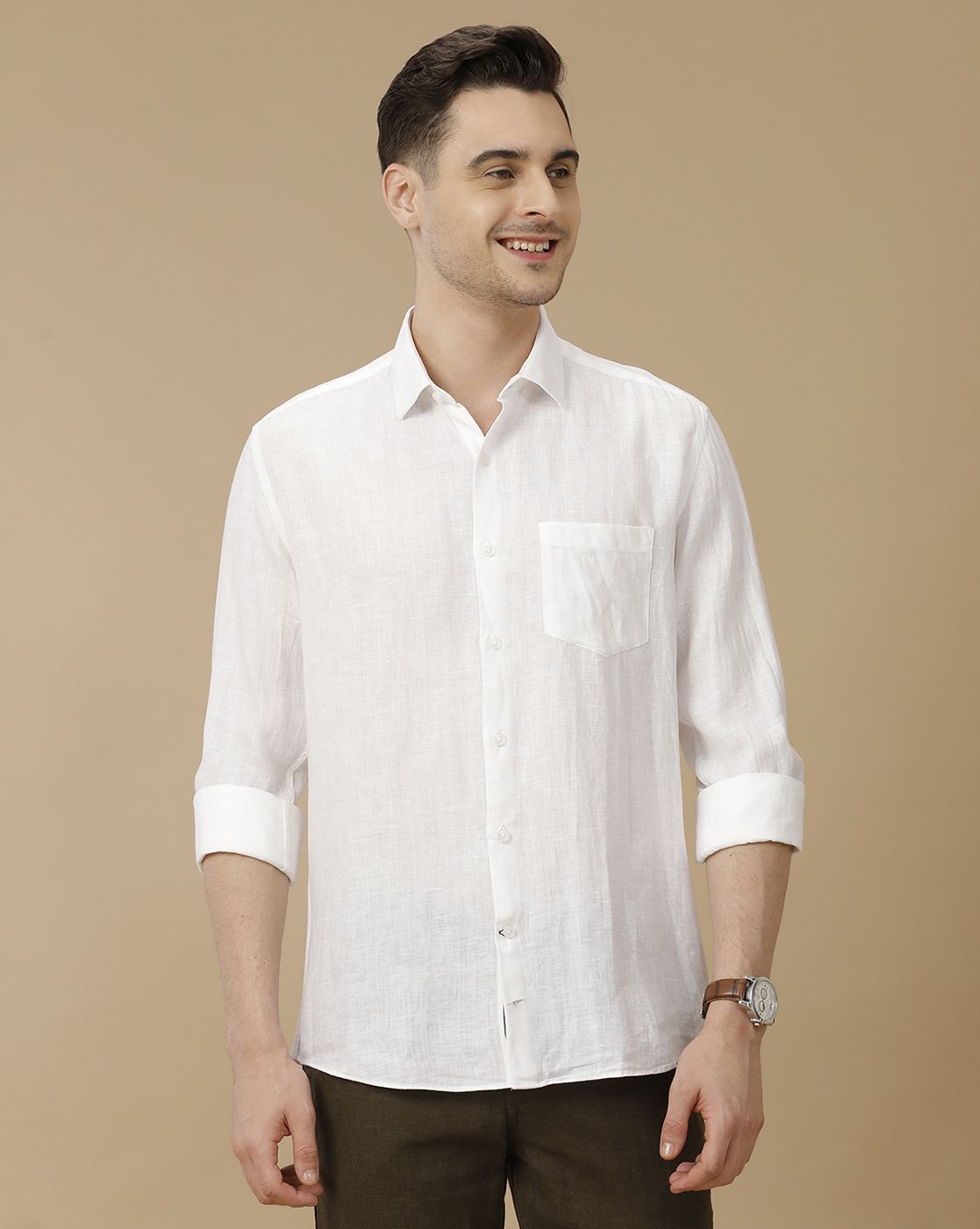 Men's Pure Linen White Solid Contemporary Fit Full Sleeve Casual Shirt