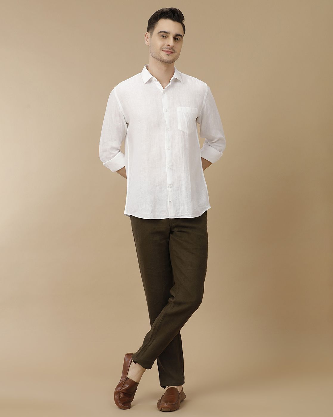 Men's Pure Linen White Solid Contemporary Fit Full Sleeve Casual Shirt