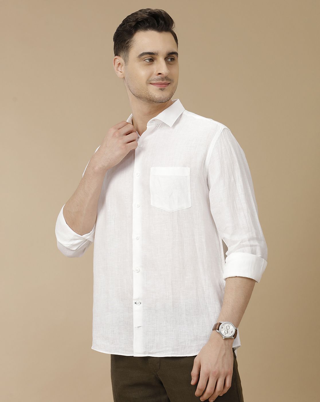 Men's Pure Linen White Solid Contemporary Fit Full Sleeve Casual Shirt