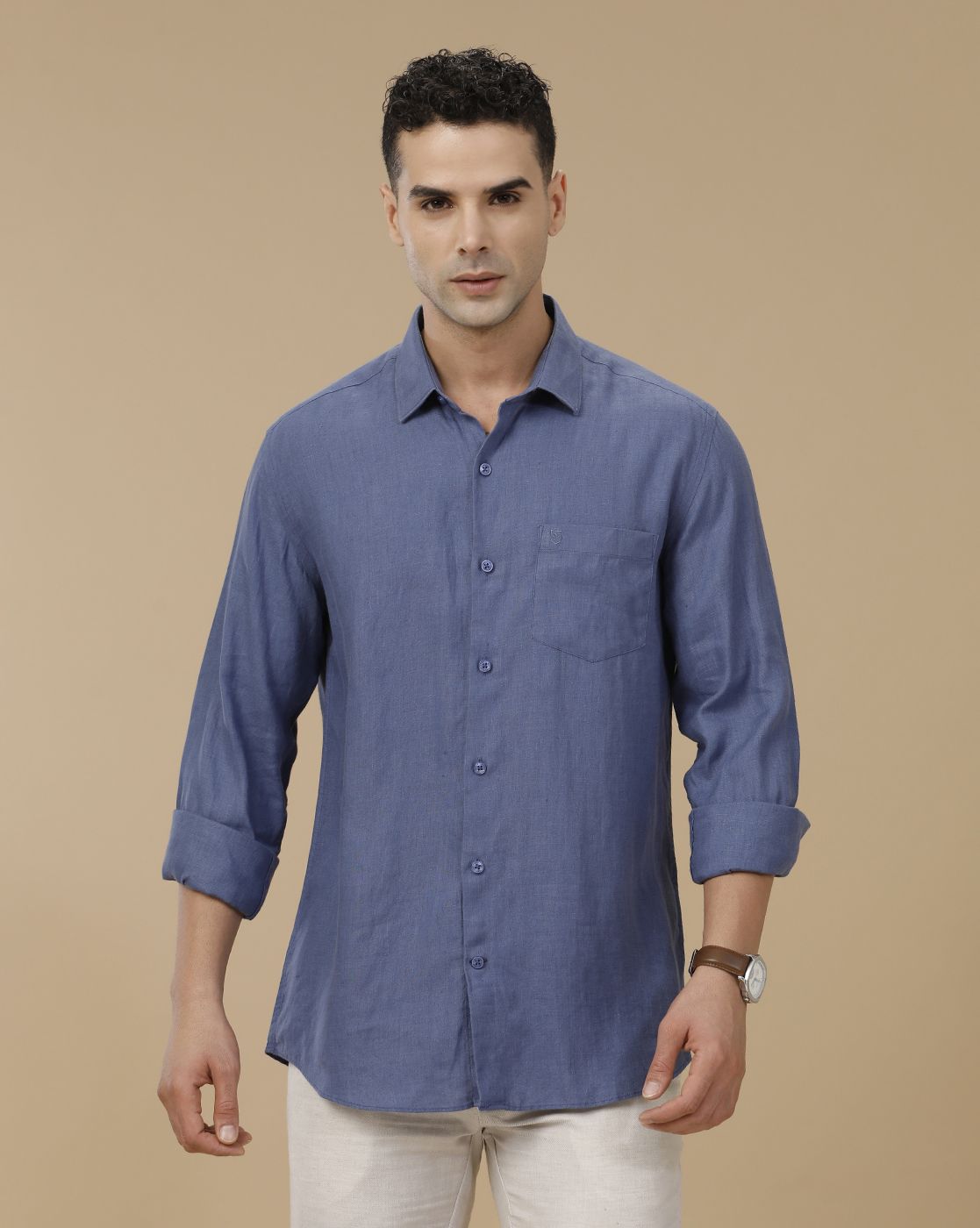 Linen Club Men's Pure Linen Blue Solid Contemporary Fit Full Sleeve Casual Shirt