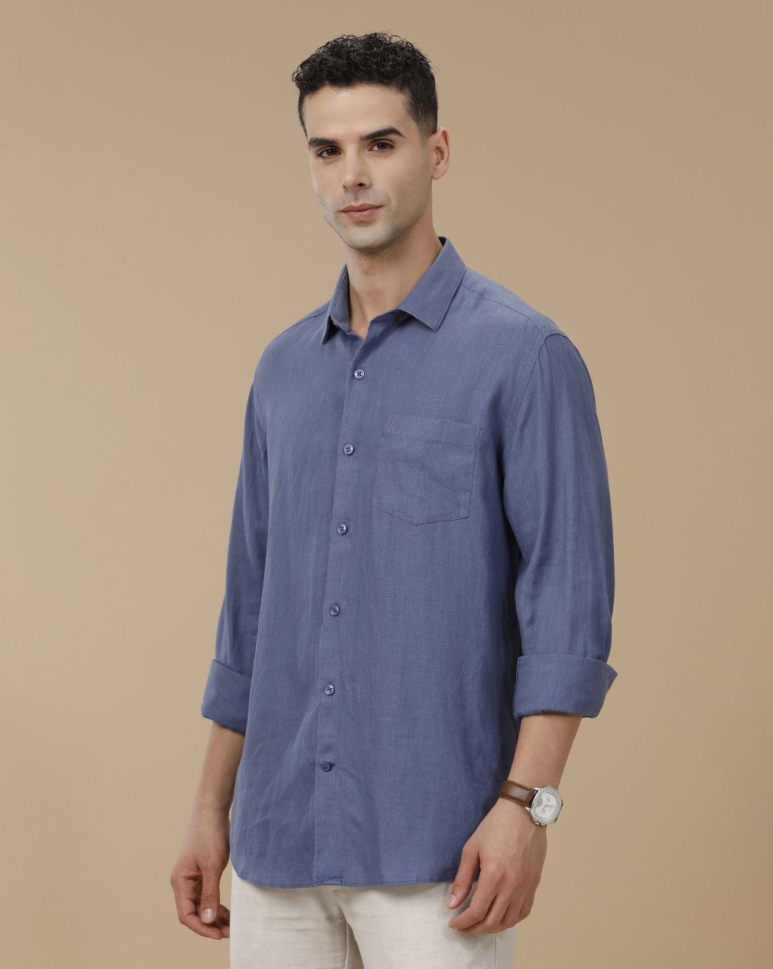 Linen Club Men's Pure Linen Blue Solid Contemporary Fit Full Sleeve Casual Shirt