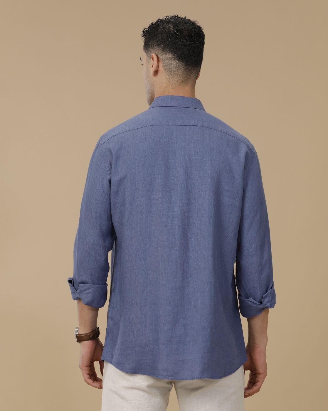 Linen Club Men's Pure Linen Blue Solid Contemporary Fit Full Sleeve Casual Shirt