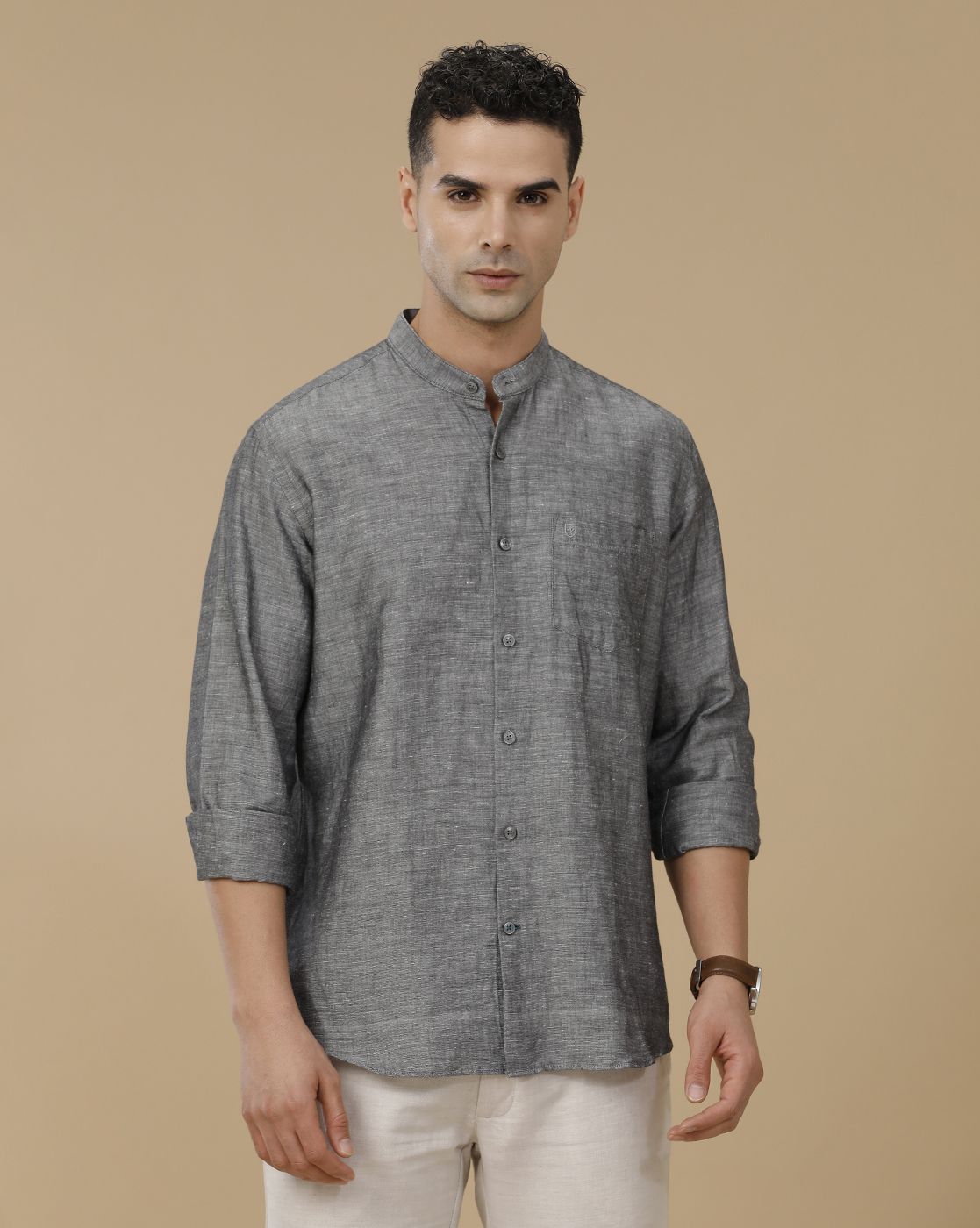 Linen Club Men's Linen Rich Grey Solid Contemporary Fit Full Sleeve Casual Shirt