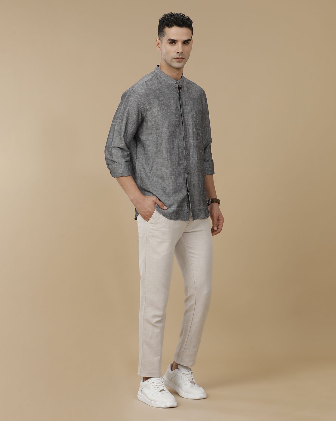 Linen Club Men's Linen Rich Grey Solid Contemporary Fit Full Sleeve Casual Shirt