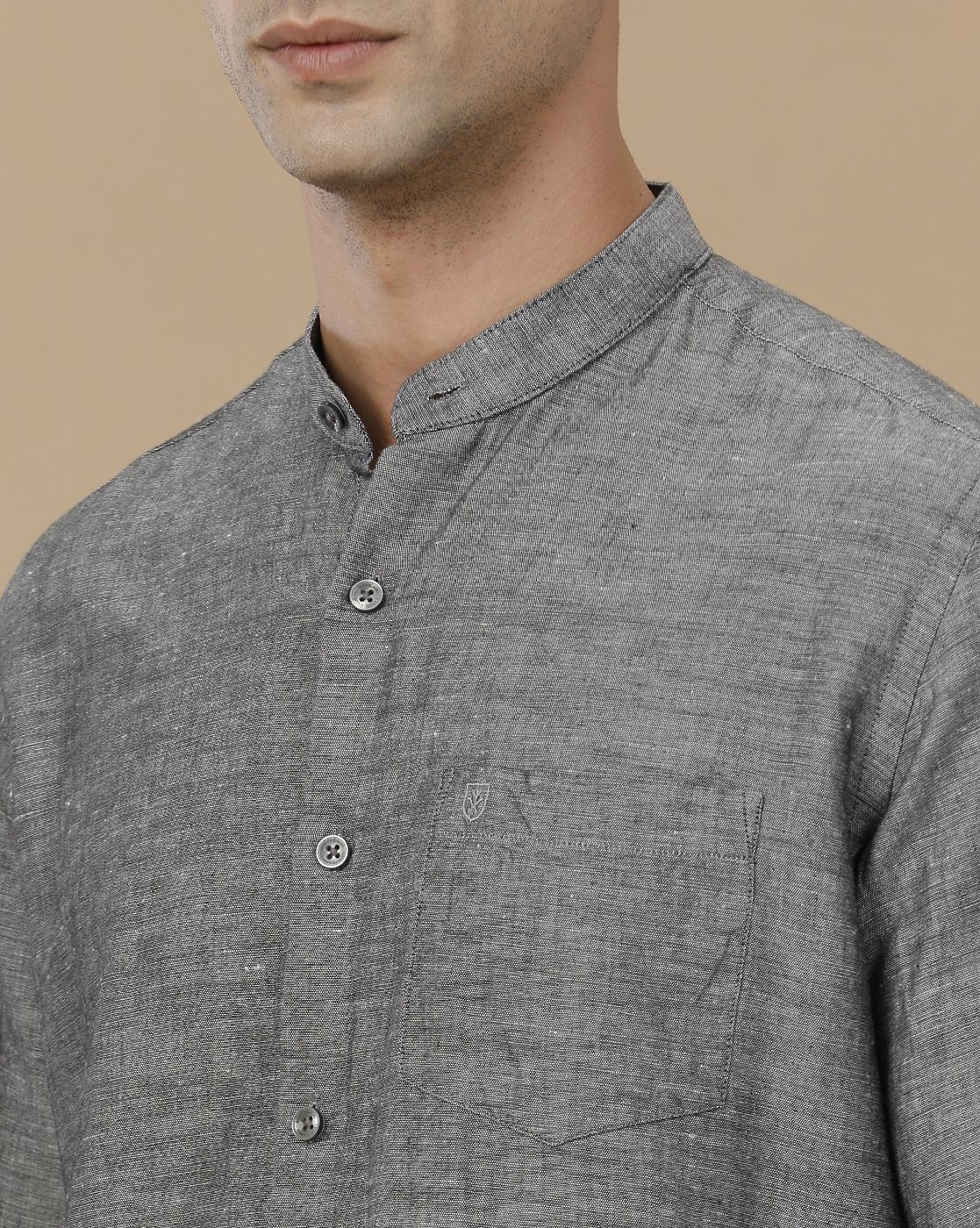 Linen Club Men's Linen Rich Grey Solid Contemporary Fit Full Sleeve Casual Shirt