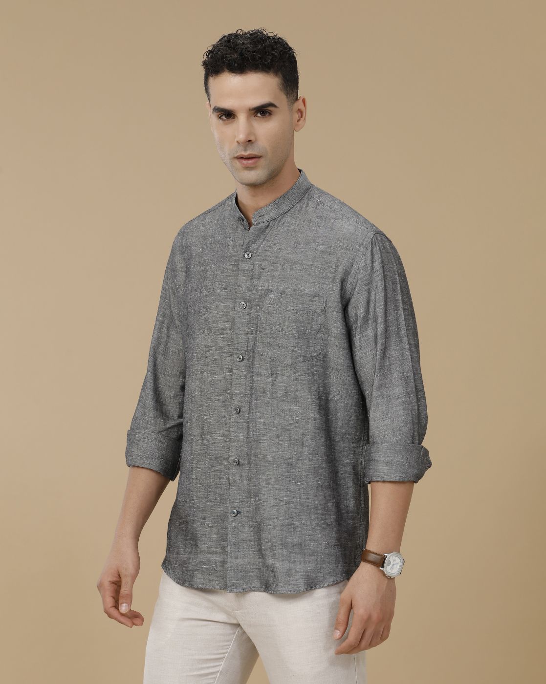 Linen Club Men's Linen Rich Grey Solid Contemporary Fit Full Sleeve Casual Shirt