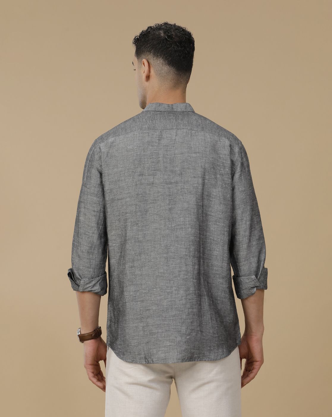 Linen Club Men's Linen Rich Grey Solid Contemporary Fit Full Sleeve Casual Shirt