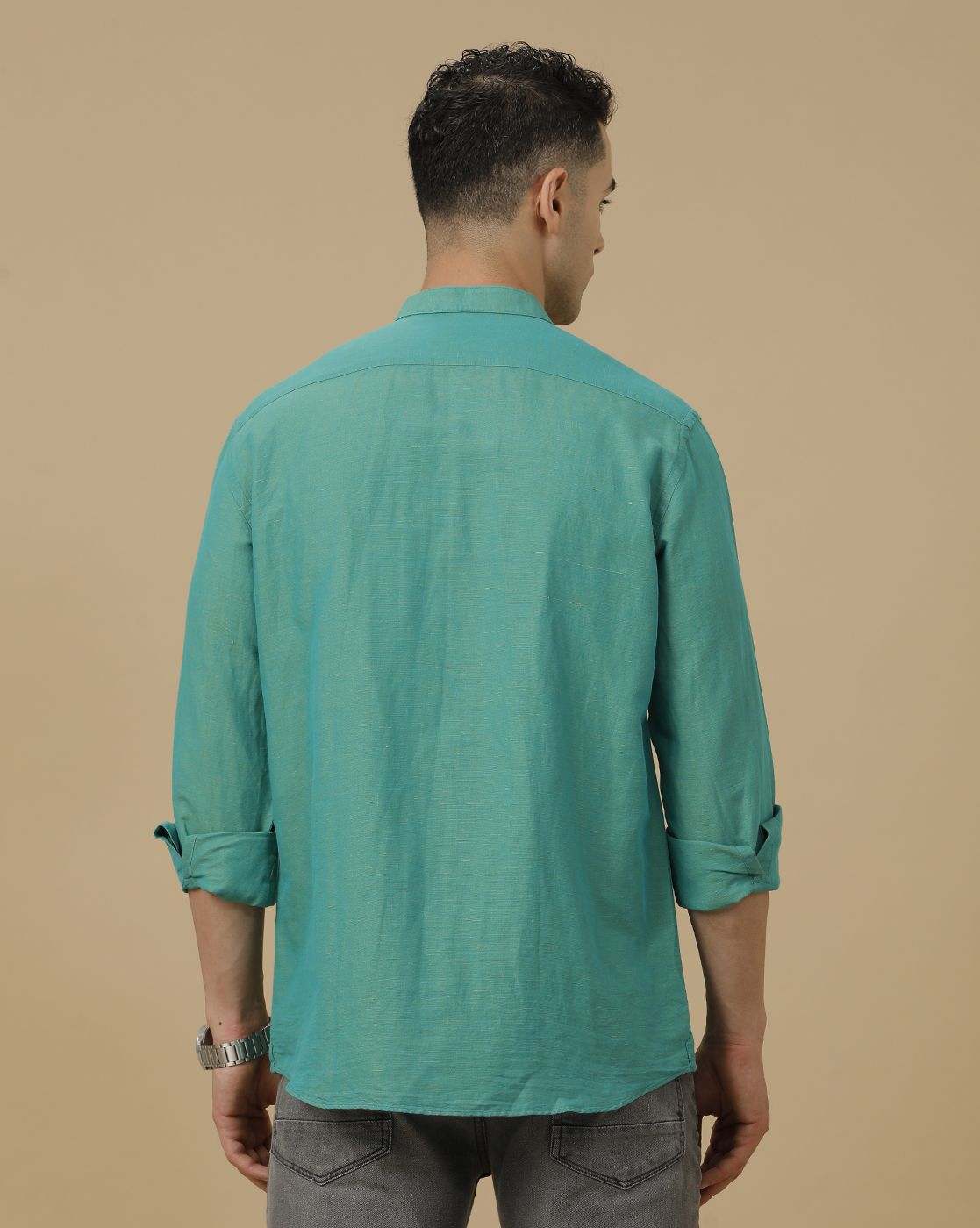 Linen Club Men's Linen Rich Green Solid Contemporary Fit Full Sleeve Casual Shirt