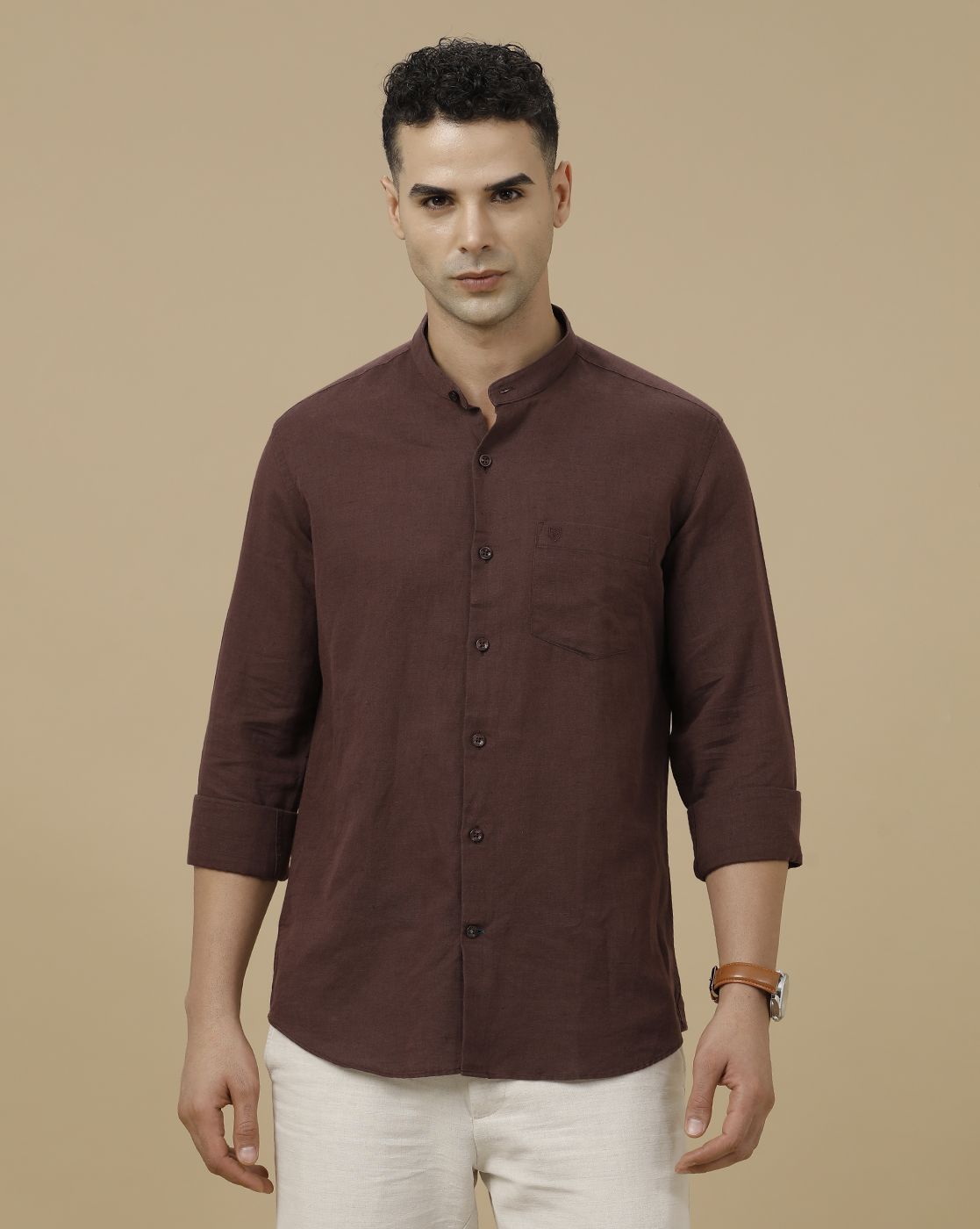 Linen Club Men's Linen Rich Brown Solid Contemporary Fit Full Sleeve Casual Shirt
