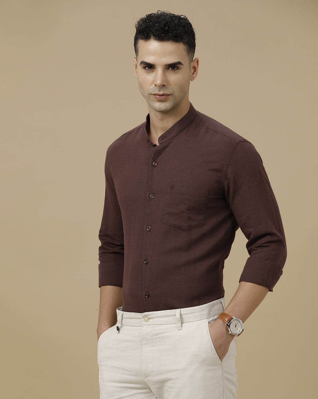 Linen Club Men's Linen Rich Brown Solid Contemporary Fit Full Sleeve Casual Shirt
