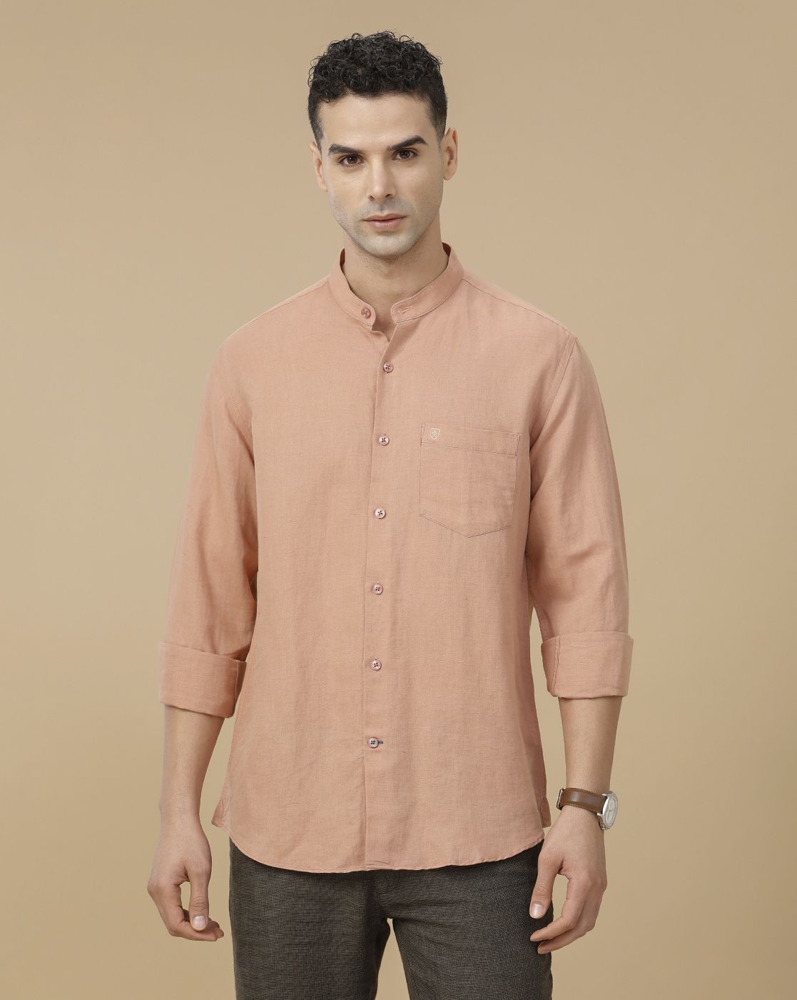 Linen Club Men's Linen Rich Peach Solid Contemporary Fit Full Sleeve Casual Shirt
