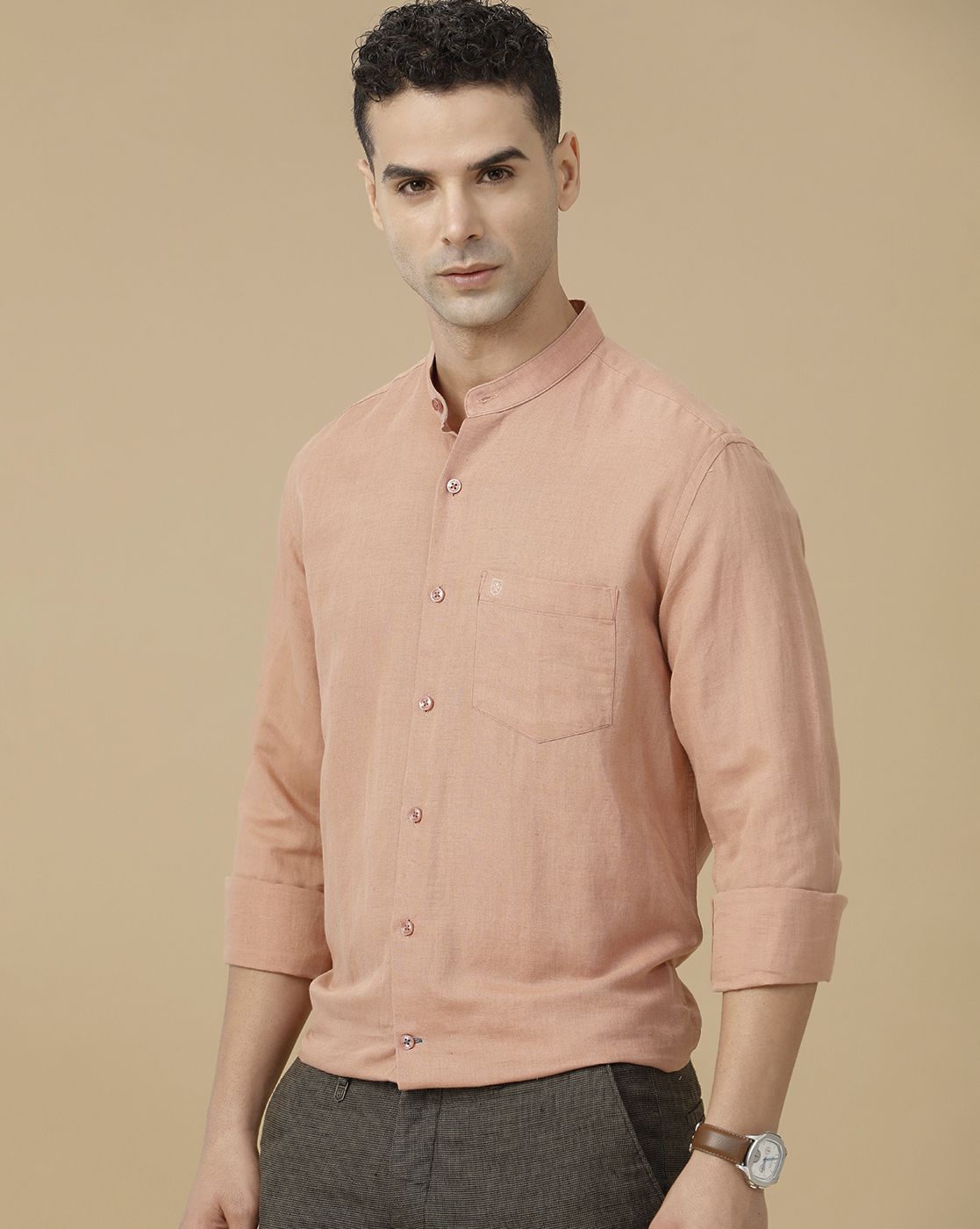 Linen Club Men's Linen Rich Peach Solid Contemporary Fit Full Sleeve Casual Shirt
