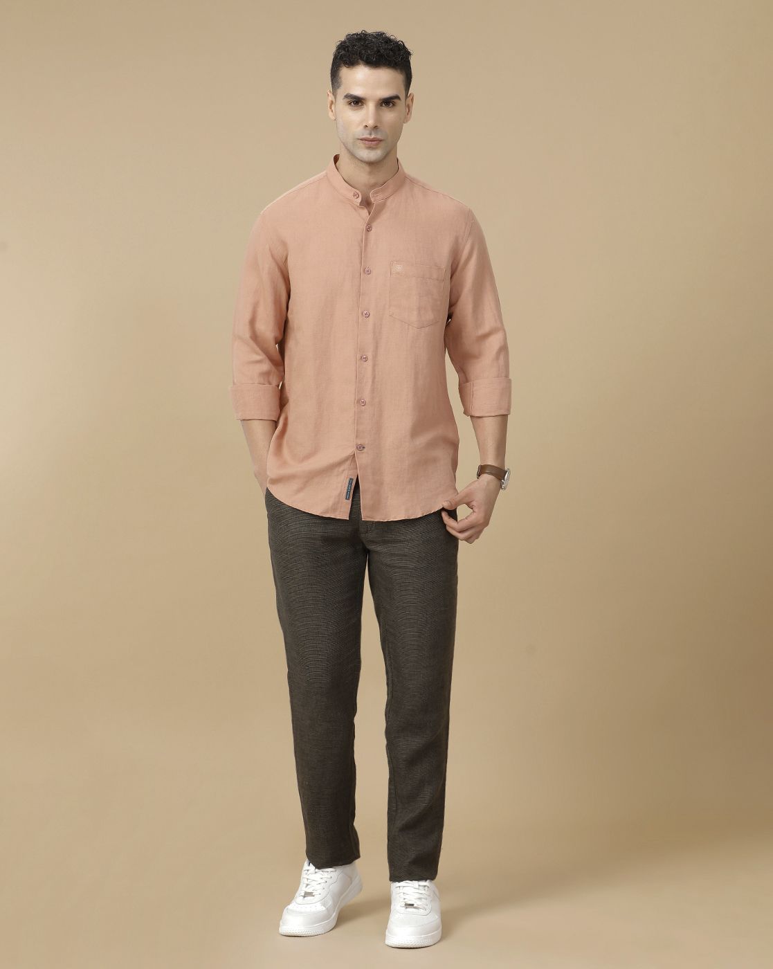 Linen Club Men's Linen Rich Peach Solid Contemporary Fit Full Sleeve Casual Shirt