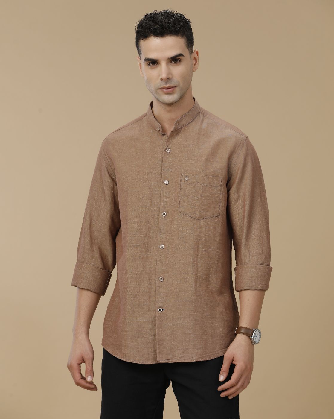 Linen Club Men's Linen Rich Brown Solid Contemporary Fit Full Sleeve Casual Shirt