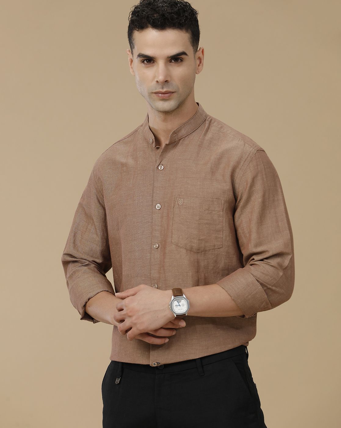 Linen Club Men's Linen Rich Brown Solid Contemporary Fit Full Sleeve Casual Shirt