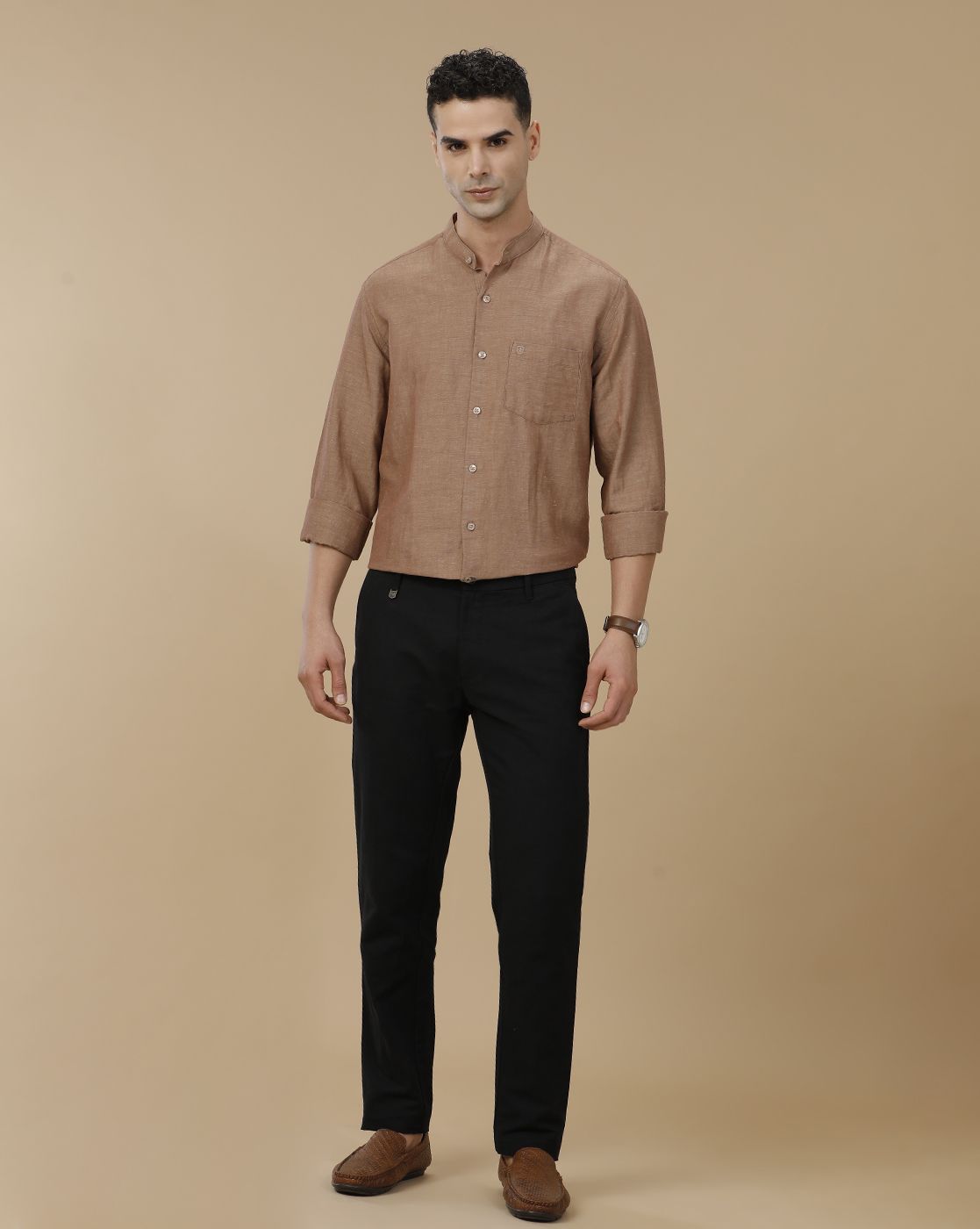 Linen Club Men's Linen Rich Brown Solid Contemporary Fit Full Sleeve Casual Shirt
