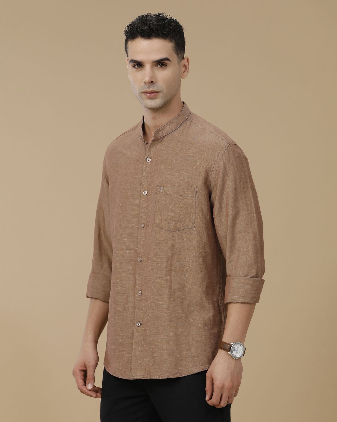 Linen Club Men's Linen Rich Brown Solid Contemporary Fit Full Sleeve Casual Shirt