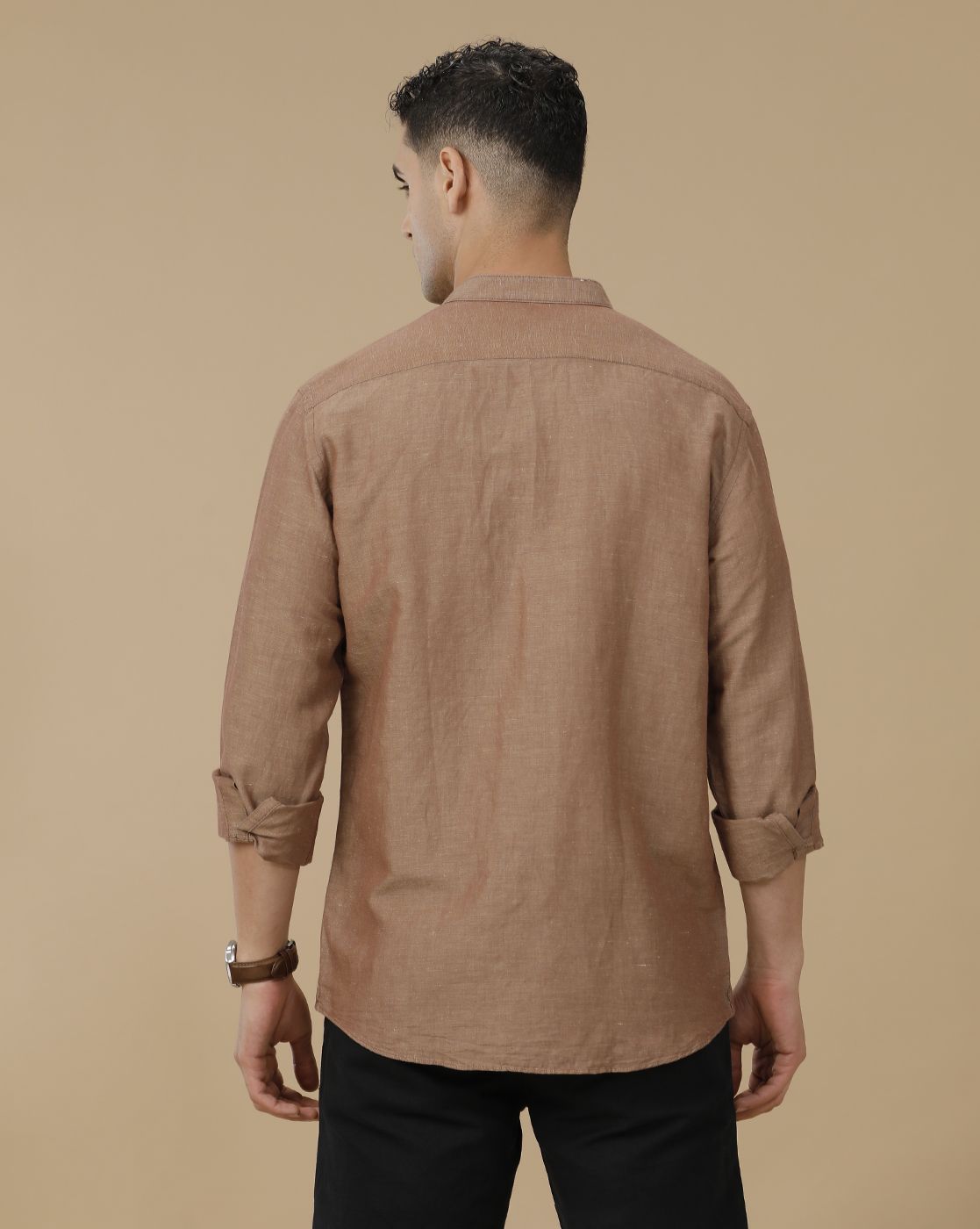 Linen Club Men's Linen Rich Brown Solid Contemporary Fit Full Sleeve Casual Shirt
