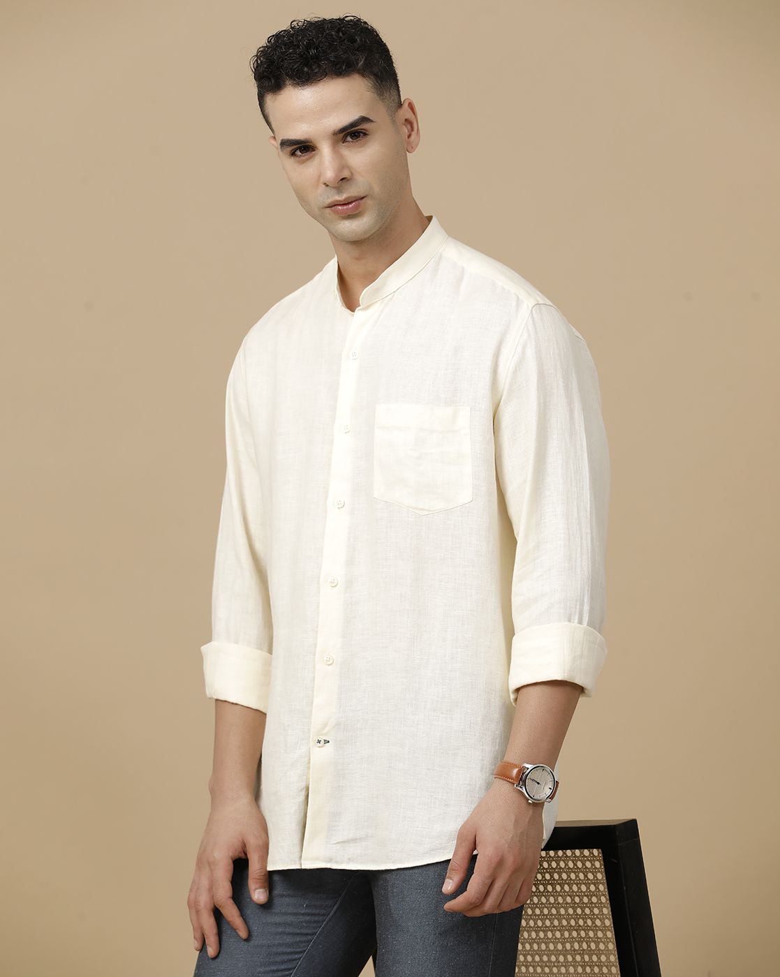 Linen Club Men's Pure Linen White Solid Contemporary Fit Full Sleeve Casual Shirt