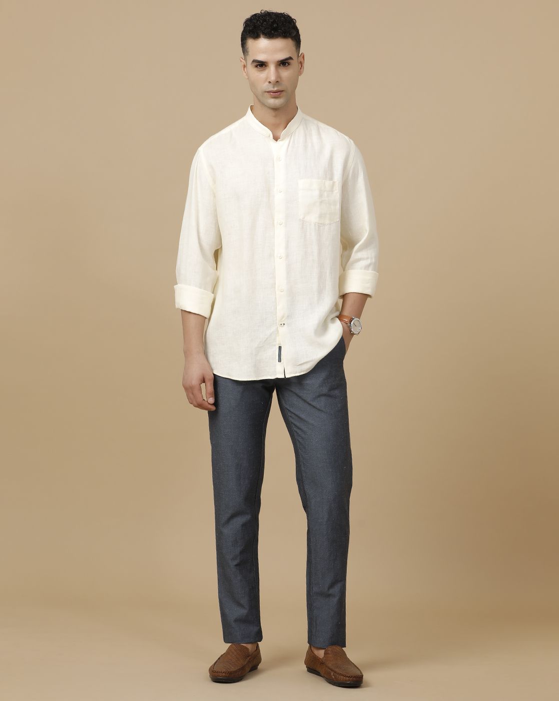 Linen Club Men's Pure Linen White Solid Contemporary Fit Full Sleeve Casual Shirt