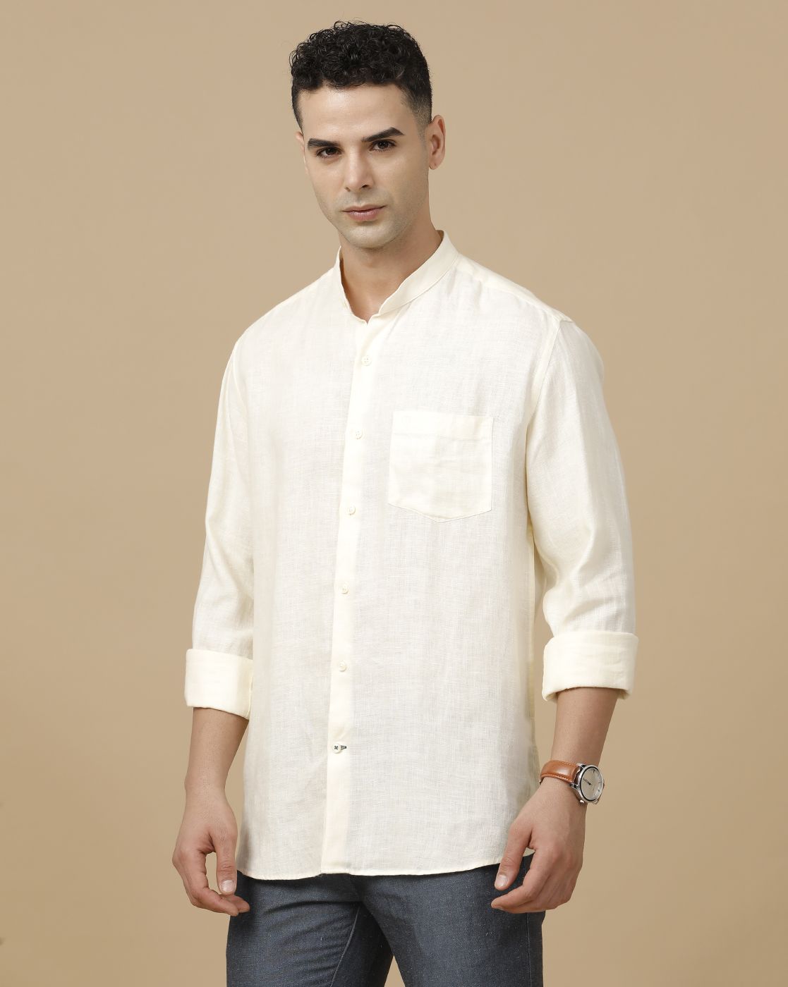Linen Club Men's Pure Linen White Solid Contemporary Fit Full Sleeve Casual Shirt
