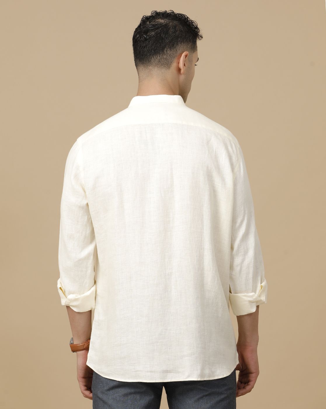 Linen Club Men's Pure Linen White Solid Contemporary Fit Full Sleeve Casual Shirt