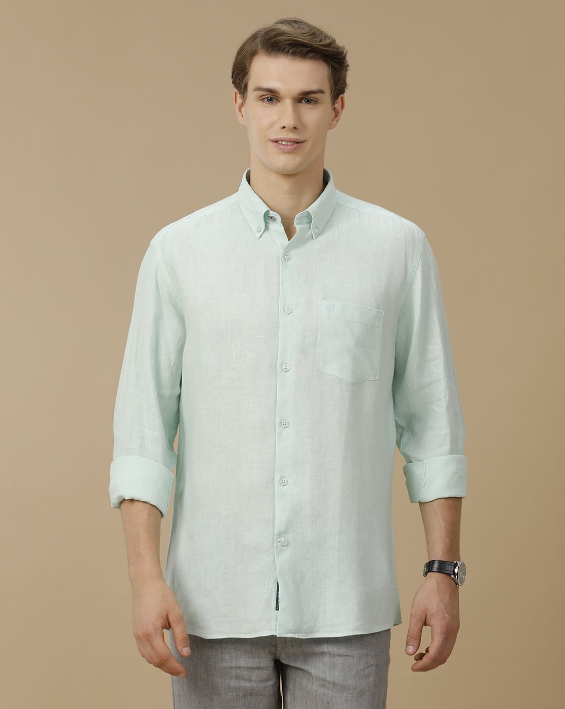 Men's Pure Linen Turquoise Blue Solid Contemporary Fit Full Sleeve Casual Shirt