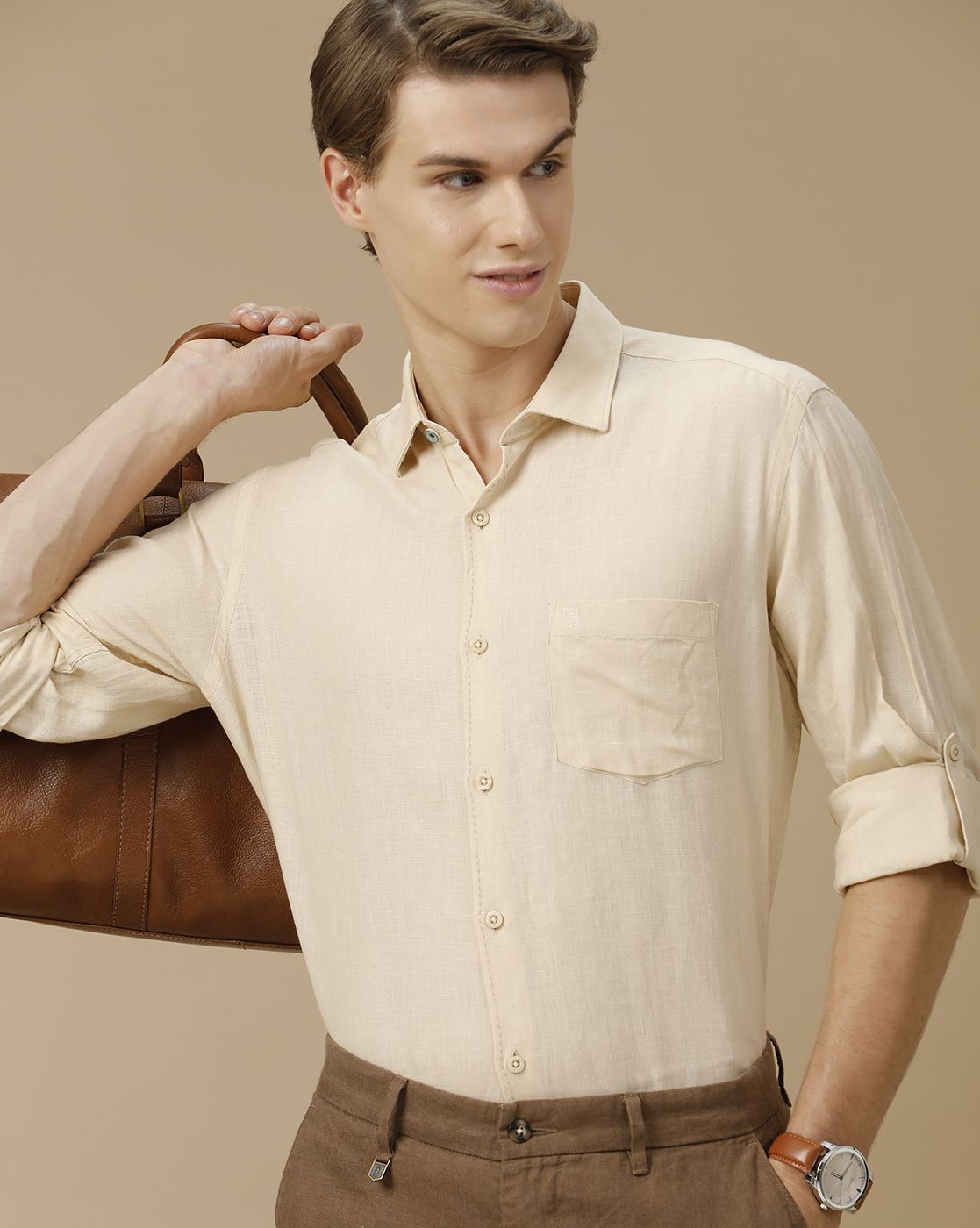 Men's Pure Linen Beige Solid Contemporary Fit Full Sleeve Casual Shirt