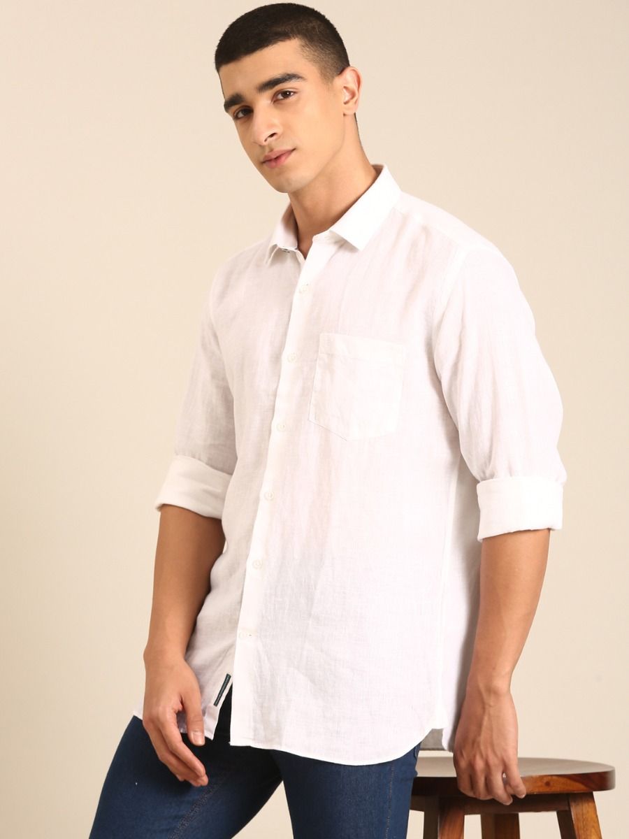 Linen Club Men's Linen Rich White Solid Contemporary Fit Full Sleeve Casual Shirt