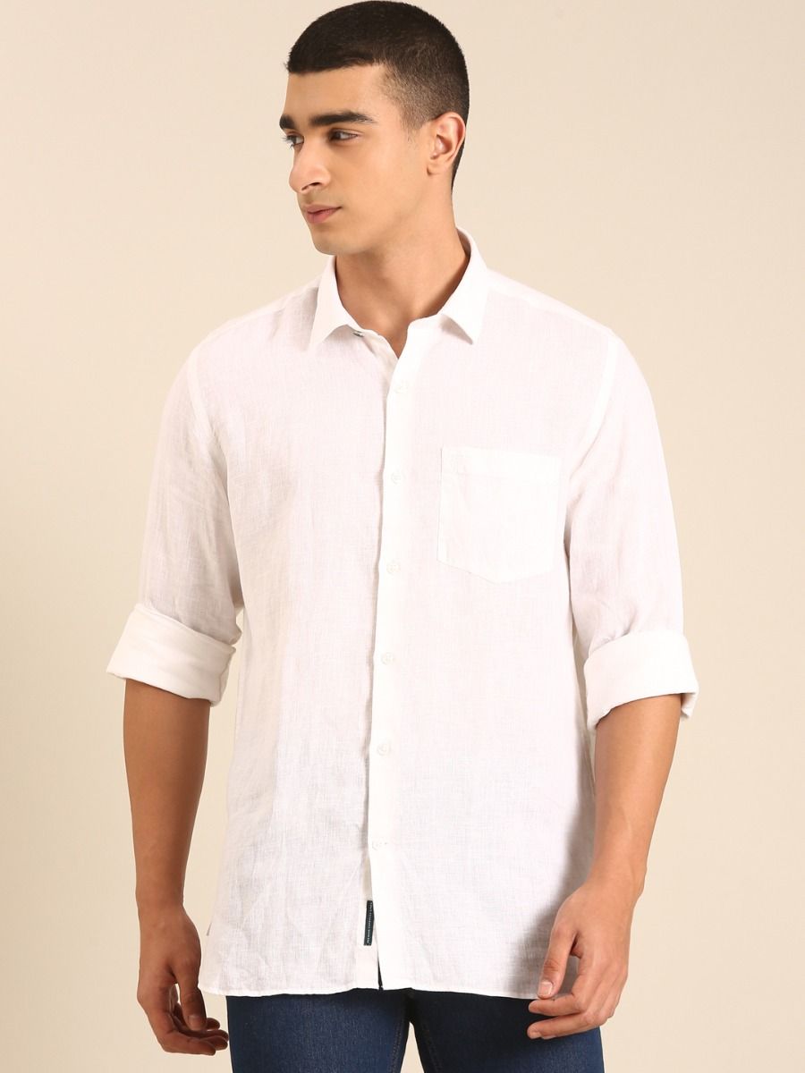 Linen Club Men's Linen Rich White Solid Contemporary Fit Full Sleeve Casual Shirt