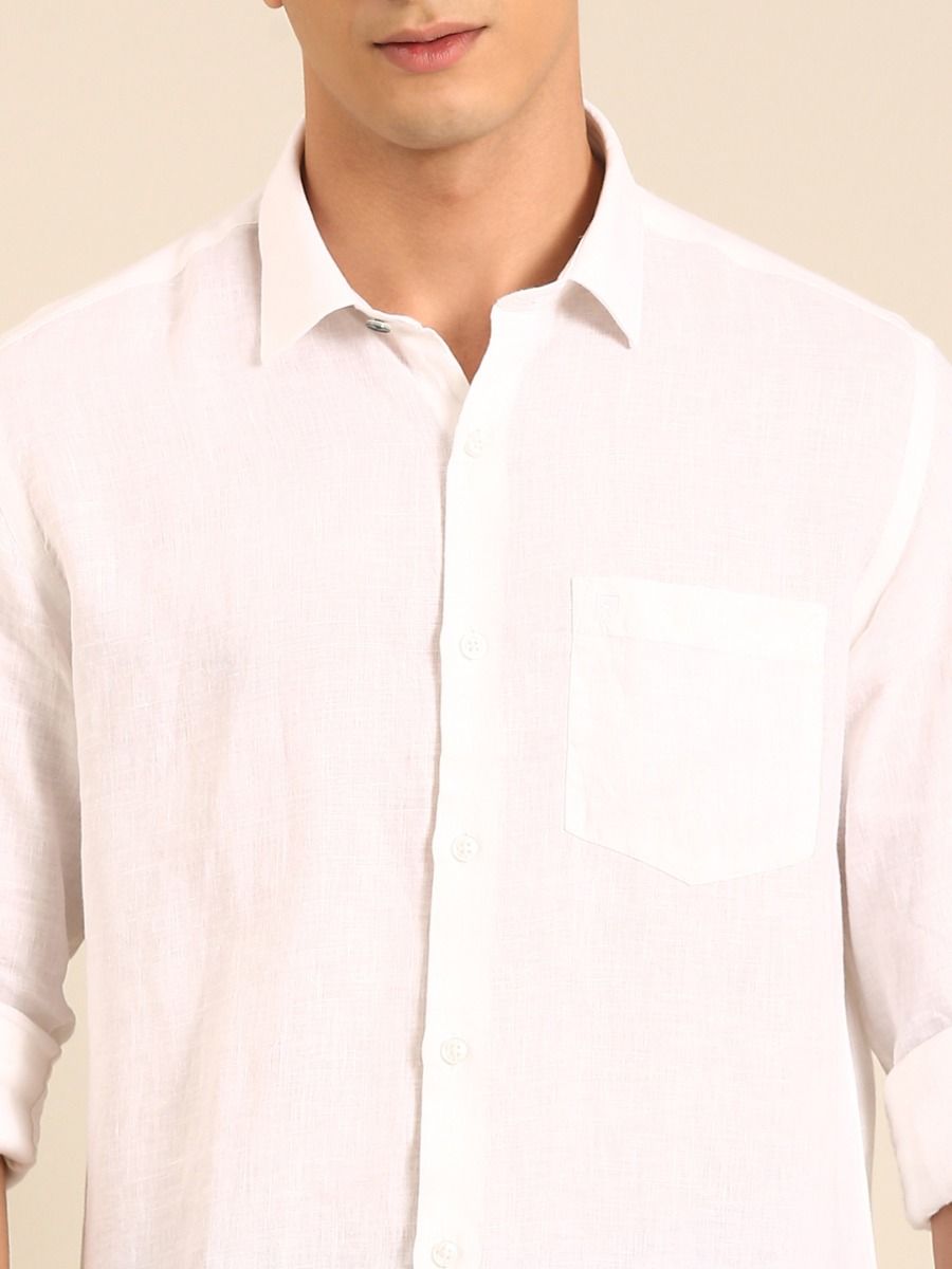 Linen Club Men's Linen Rich White Solid Contemporary Fit Full Sleeve Casual Shirt