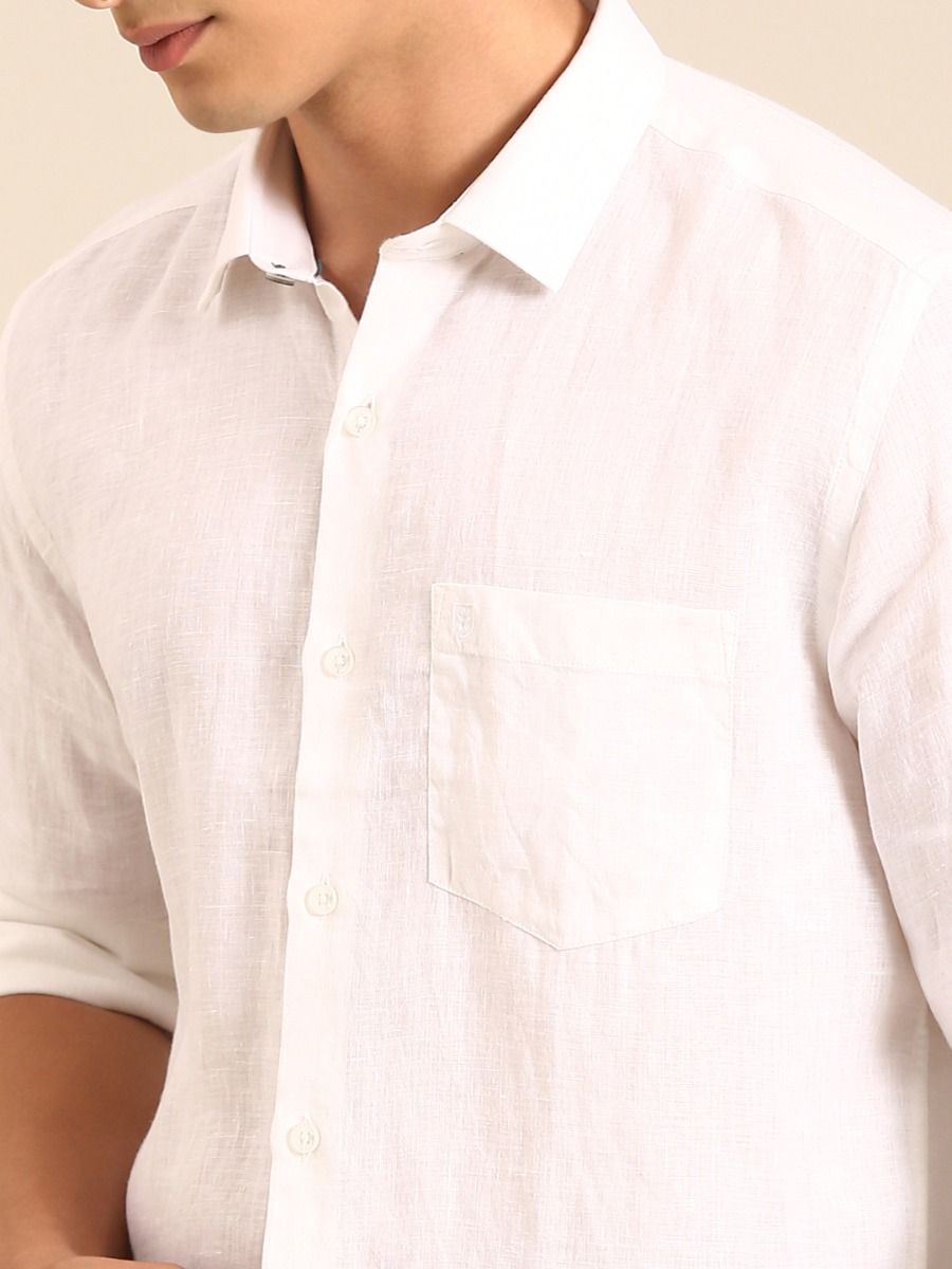 Linen Club Men's Linen Rich White Solid Contemporary Fit Full Sleeve Casual Shirt