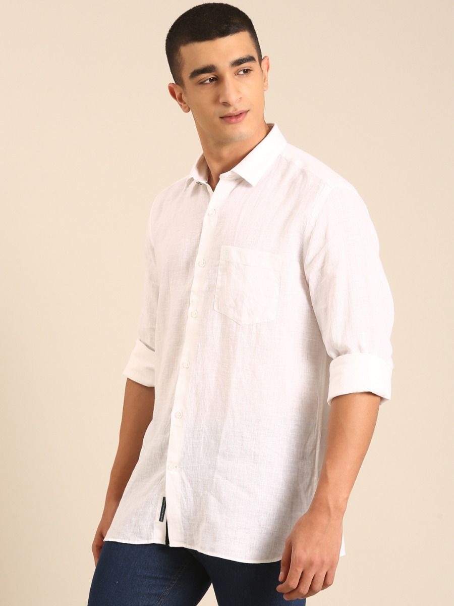 Linen Club Men's Linen Rich White Solid Contemporary Fit Full Sleeve Casual Shirt