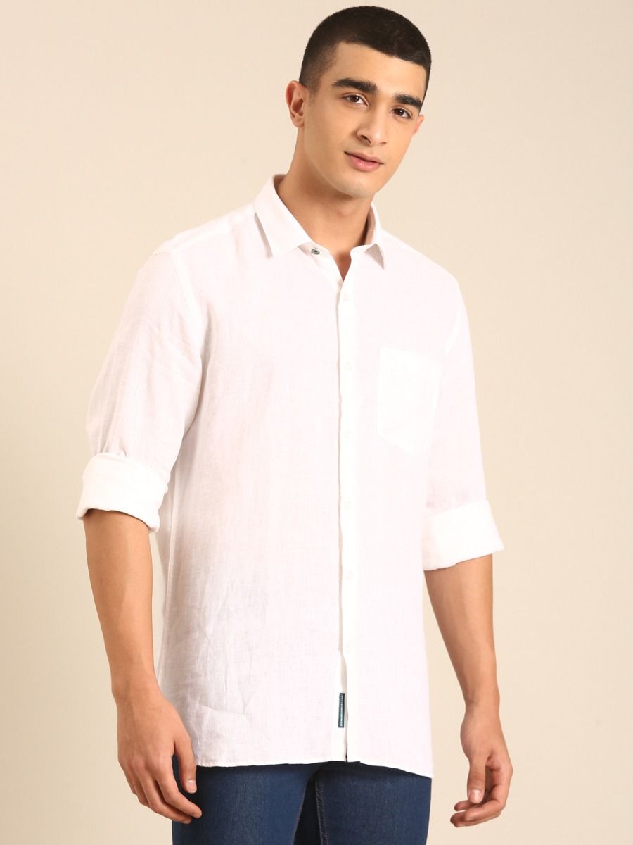 Linen Club Men's Linen Rich White Solid Contemporary Fit Full Sleeve Casual Shirt