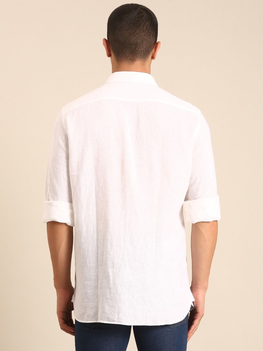 Linen Club Men's Linen Rich White Solid Contemporary Fit Full Sleeve Casual Shirt