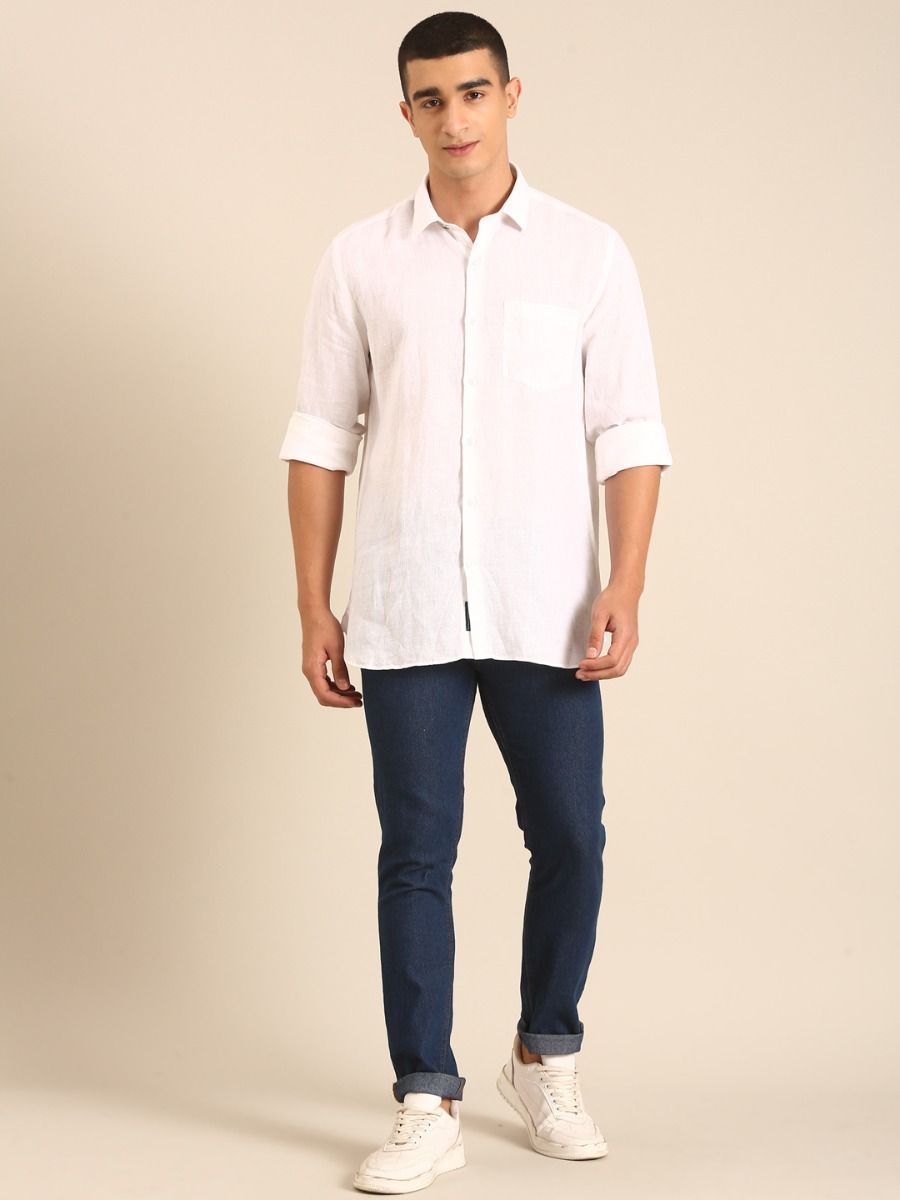 Linen Club Men's Linen Rich White Solid Contemporary Fit Full Sleeve Casual Shirt