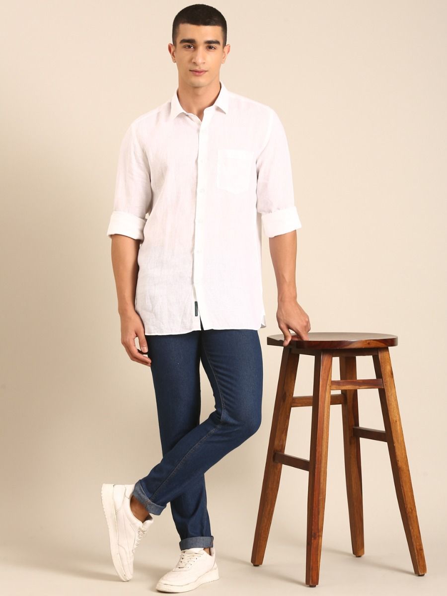 Linen Club Men's Linen Rich White Solid Contemporary Fit Full Sleeve Casual Shirt