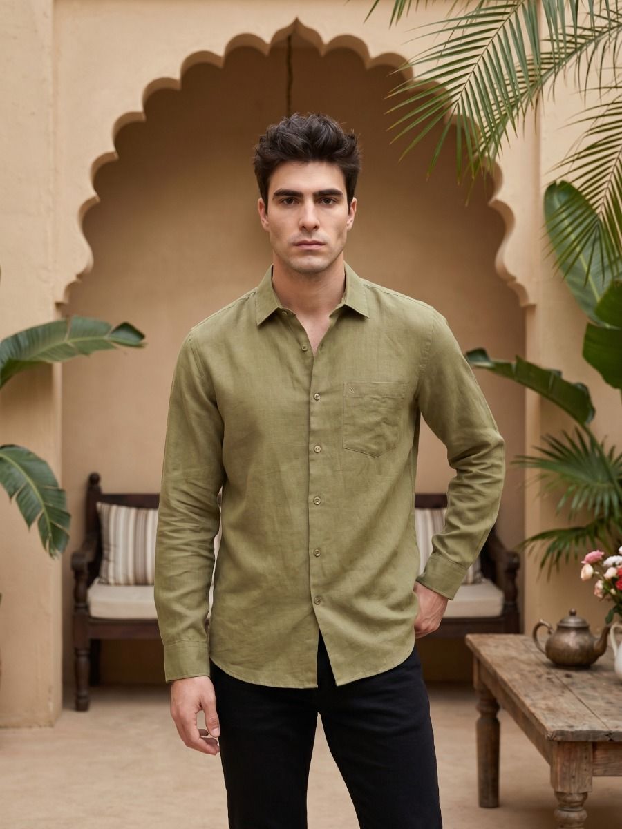 Linen Club Men's Full Sleeve Contemporary Fit Linen-Cotton Solid Shirt