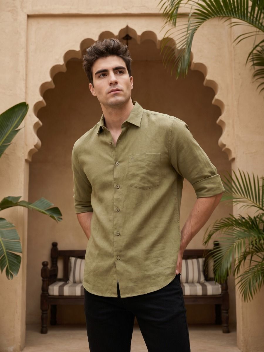 Linen Club Men's Full Sleeve Contemporary Fit Linen-Cotton Solid Shirt