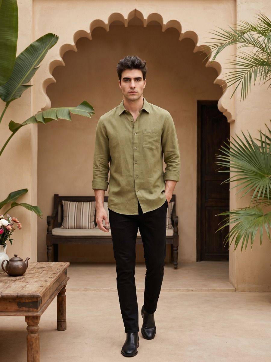 Linen Club Men's Full Sleeve Contemporary Fit Linen-Cotton Solid Shirt