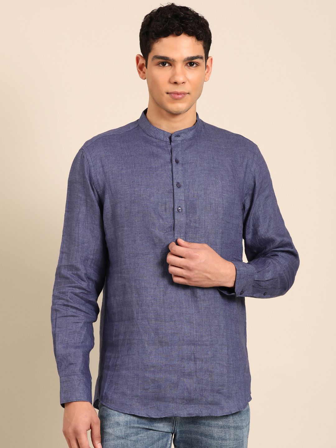 Linen Club Men's Pure Linen Navy Solid Contemporary Fit Full Sleeve Casual Shirt