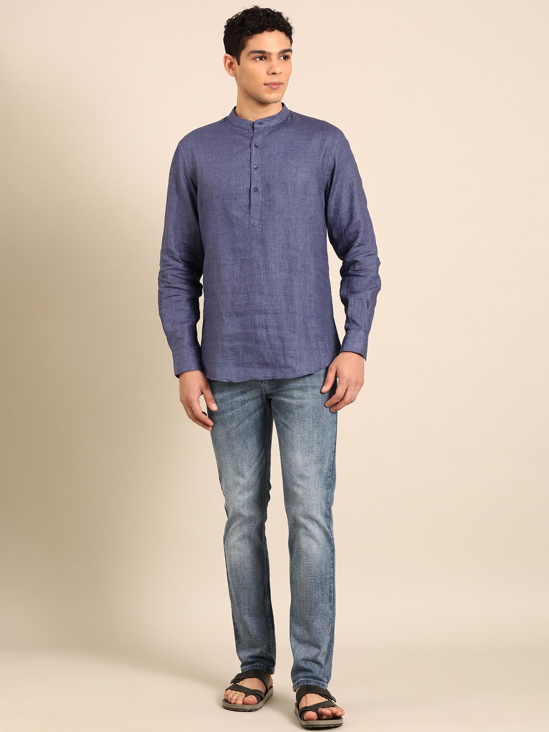 Linen Club Men's Pure Linen Navy Solid Contemporary Fit Full Sleeve Casual Shirt