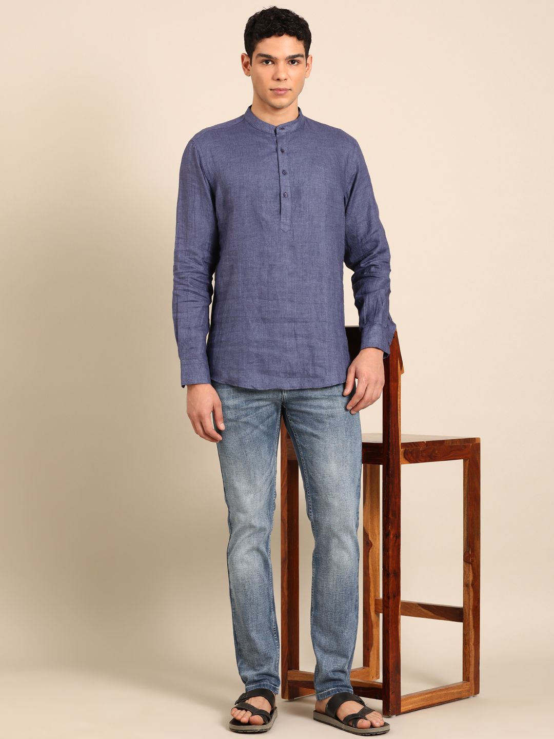 Linen Club Men's Pure Linen Navy Solid Contemporary Fit Full Sleeve Casual Shirt