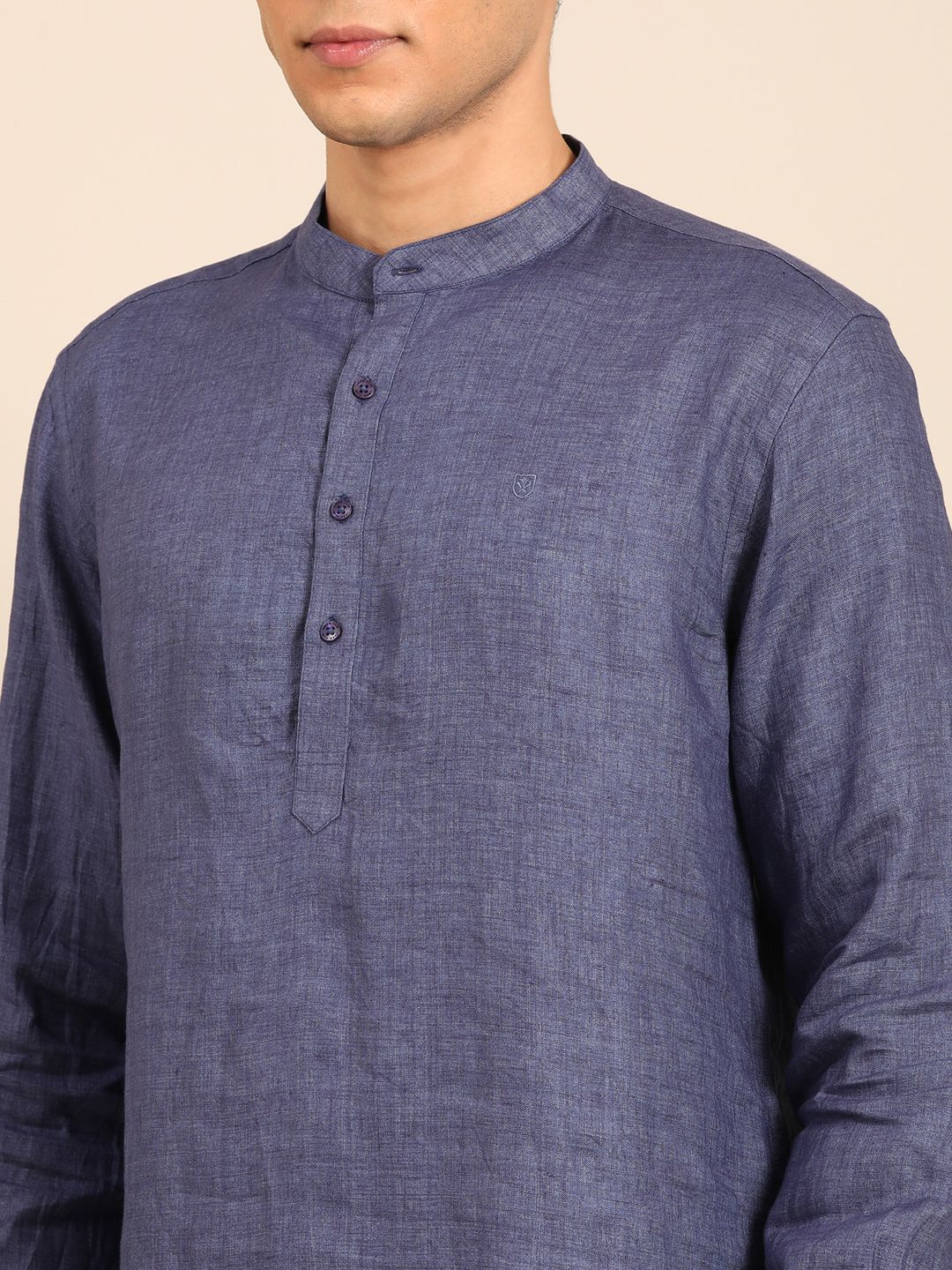 Linen Club Men's Pure Linen Navy Solid Contemporary Fit Full Sleeve Casual Shirt